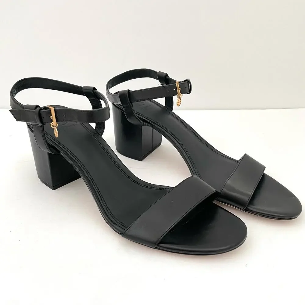 Tory Burch Black Leather Block Heel Sandals with Gold Buckle